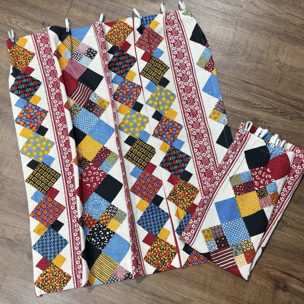 Set 2 Vintage 70s JC Penney Home Starburst Patchwork Cafe Curtains 30" Blue Red